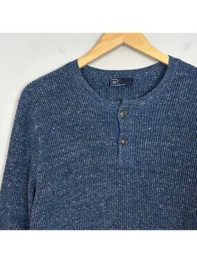 Gap Henley Waffle Sweater Heather Navy Ribbed Size Large Men's